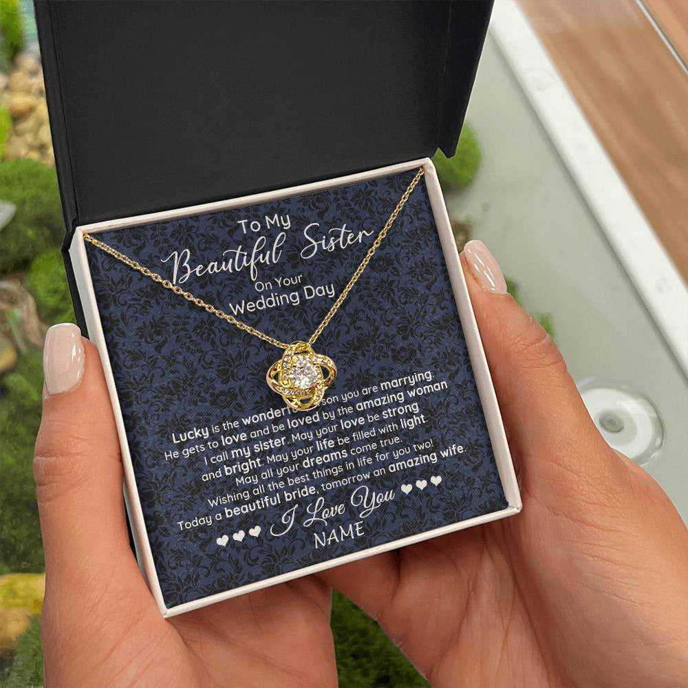 Love Knot Necklace 18K Yellow Gold Finish | 2 | Personalized To My Beautiful Sister On Your Wedding Day Necklace To Bride From Sister Little Sis Pendant Jewelry Customized Gift Box Message Card | siriusteestore