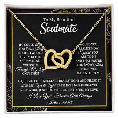 Interlocking Hearts Necklace 18K Yellow Gold Finish | Personalized To My Beautiful Soulmate Necklace From Husband Boyfriend Feel My Love For Her Future Wife Girlfriend Birthday Anniversary Customized Message Card | siriusteestore
