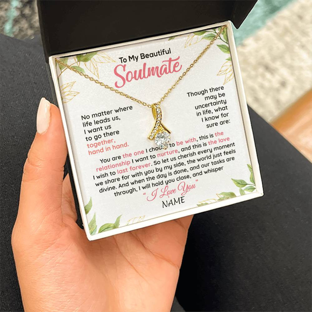 Alluring Beauty Necklace 18K Yellow Gold Finish | 2 | Personalized To My Beautiful Soulmate Necklace From Husband Hand In Hand Wife Birthday Anniversary Valentines Day Jewelry Customized Gift Box Message Card | siriusteestore