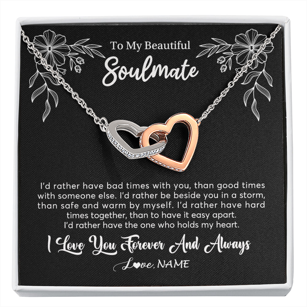 Interlocking Hearts Necklace Stainless Steel & Rose Gold Finish | 1 | Personalized To My Beautiful Soulmate Necklace Gifts From Husband I'd Rather Soulmate Birthday Anniversary Valentines Day Customized Gift Box Message Card | siriusteestore