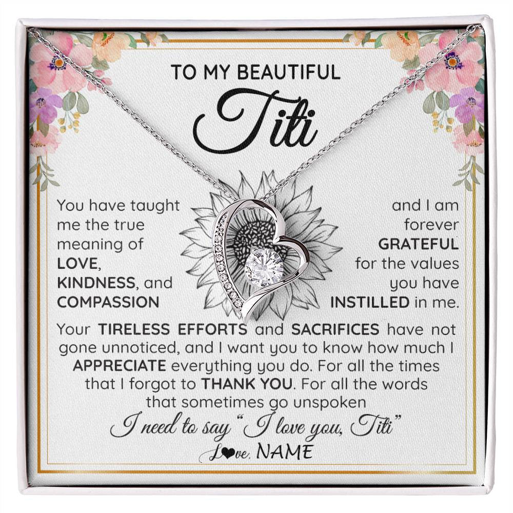 Forever Love Necklace 14K White Gold Finish | Personalized To My Beautiful Titi From Niece Nephew Necklace Say I Love You Titi Birthday Mothers Day Christmas Jewelry Customized Gift Box Message Card | siriusteestore