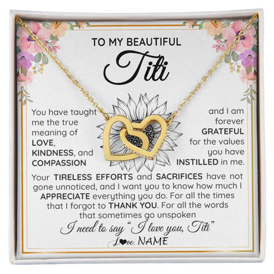 Interlocking Hearts Necklace 18K Yellow Gold Finish | Personalized To My Beautiful Titi From Niece Nephew Necklace Say I Love You Titi Birthday Mothers Day Christmas Jewelry Customized Gift Box Message Card | siriusteestore