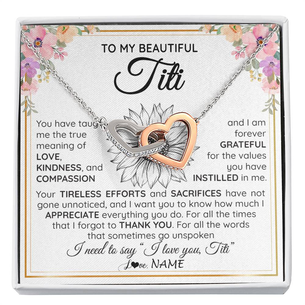 Interlocking Hearts Necklace Stainless Steel & Rose Gold Finish | Personalized To My Beautiful Titi From Niece Nephew Necklace Say I Love You Titi Birthday Mothers Day Christmas Jewelry Customized Gift Box Message Card | siriusteestore