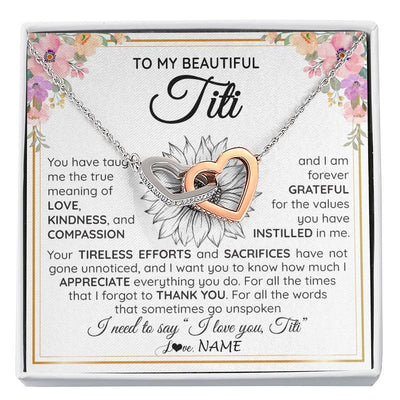 Interlocking Hearts Necklace Stainless Steel & Rose Gold Finish | Personalized To My Beautiful Titi From Niece Nephew Necklace Say I Love You Titi Birthday Mothers Day Christmas Jewelry Customized Gift Box Message Card | siriusteestore