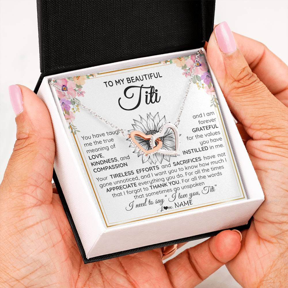 Interlocking Hearts Necklace Stainless Steel & Rose Gold Finish | Personalized To My Beautiful Titi From Niece Nephew Necklace Say I Love You Titi Birthday Mothers Day Christmas Jewelry Customized Gift Box Message Card | siriusteestore