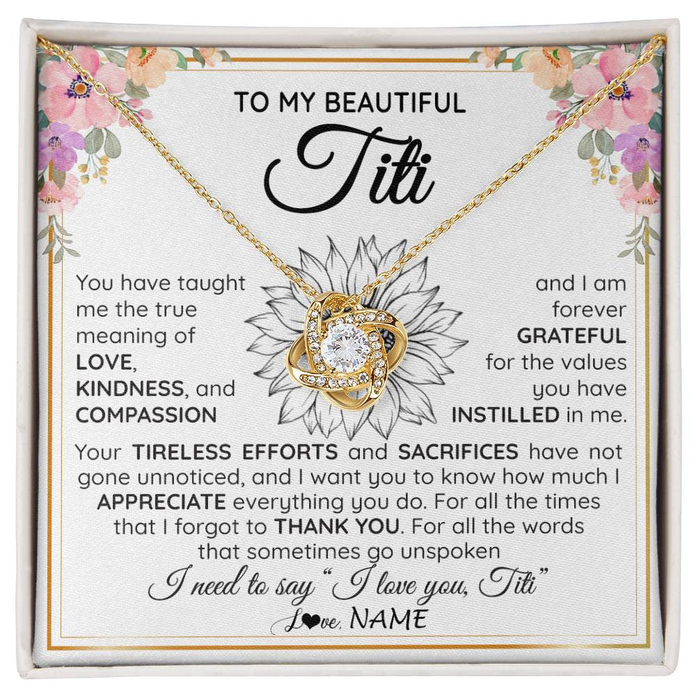 Love Knot Necklace 18K Yellow Gold Finish | Personalized To My Beautiful Titi From Niece Nephew Necklace Say I Love You Titi Birthday Mothers Day Christmas Jewelry Customized Gift Box Message Card | siriusteestore