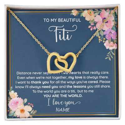 Interlocking Hearts Necklace 18K Yellow Gold Finish | 1 | Personalized To My Beautiful Titi Necklace From Niece Nephew You Are The World Titi Birthday Mothers Day Christmas Jewelry Customized Gift Box Message Card | siriusteestore