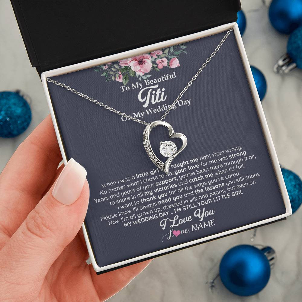 Forever Love Necklace 14K White Gold Finish | 2 | Personalized To My Beautiful Titi On My Wedding Day Necklace From Niece Little Girl Titi Of Bride Wedding Day Jewelry Customized Gift Box Message Card | siriusteestore