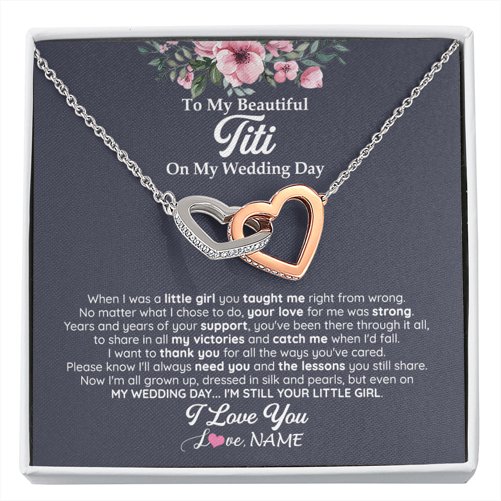 Interlocking Hearts Necklace Stainless Steel & Rose Gold Finish | 1 | Personalized To My Beautiful Titi On My Wedding Day Necklace From Niece Little Girl Titi Of Bride Wedding Day Jewelry Customized Gift Box Message Card | siriusteestore