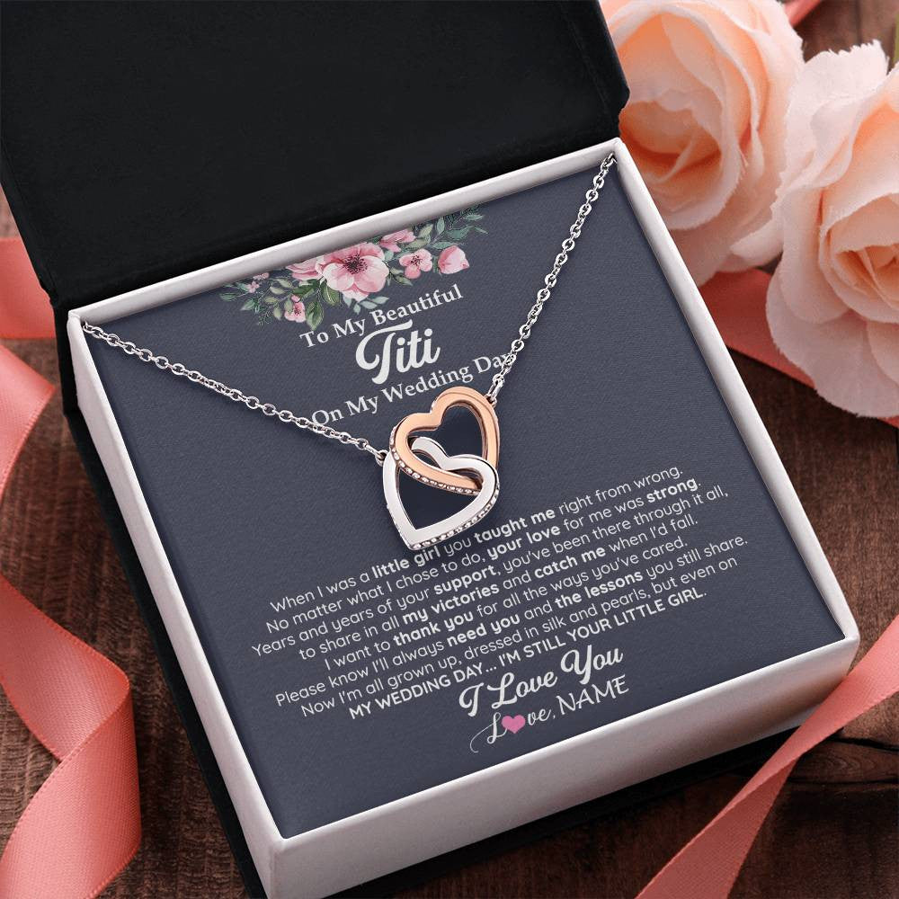 Interlocking Hearts Necklace Stainless Steel & Rose Gold Finish | 2 | Personalized To My Beautiful Titi On My Wedding Day Necklace From Niece Little Girl Titi Of Bride Wedding Day Jewelry Customized Gift Box Message Card | siriusteestore