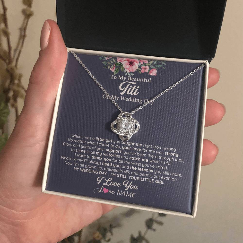 Love Knot Necklace 14K White Gold Finish | 2 | Personalized To My Beautiful Titi On My Wedding Day Necklace From Niece Little Girl Titi Of Bride Wedding Day Jewelry Customized Gift Box Message Card | siriusteestore