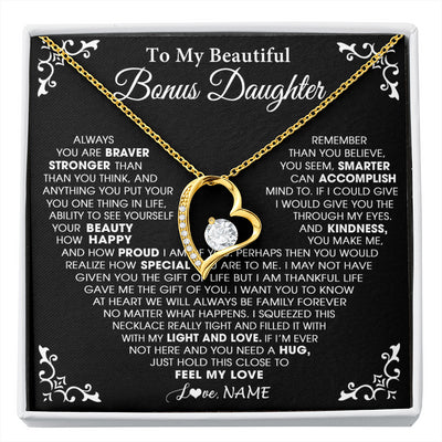 Forever Love Necklace 18K Yellow Gold Finish | 1 | Personalized To My Beautiful Unbiological Bonus Daughter Necklace From Stepdad Stepmom Heart Stepdaughter Birthday Christmas Customized Gift Box Message Card | siriusteestore