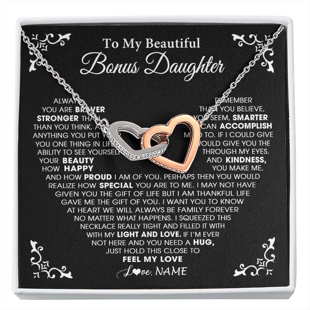 Interlocking Hearts Necklace Stainless Steel & Rose Gold Finish | 1 | Personalized To My Beautiful Unbiological Bonus Daughter Necklace From Stepdad Stepmom Heart Stepdaughter Birthday Christmas Customized Gift Box Message Card | siriusteestore