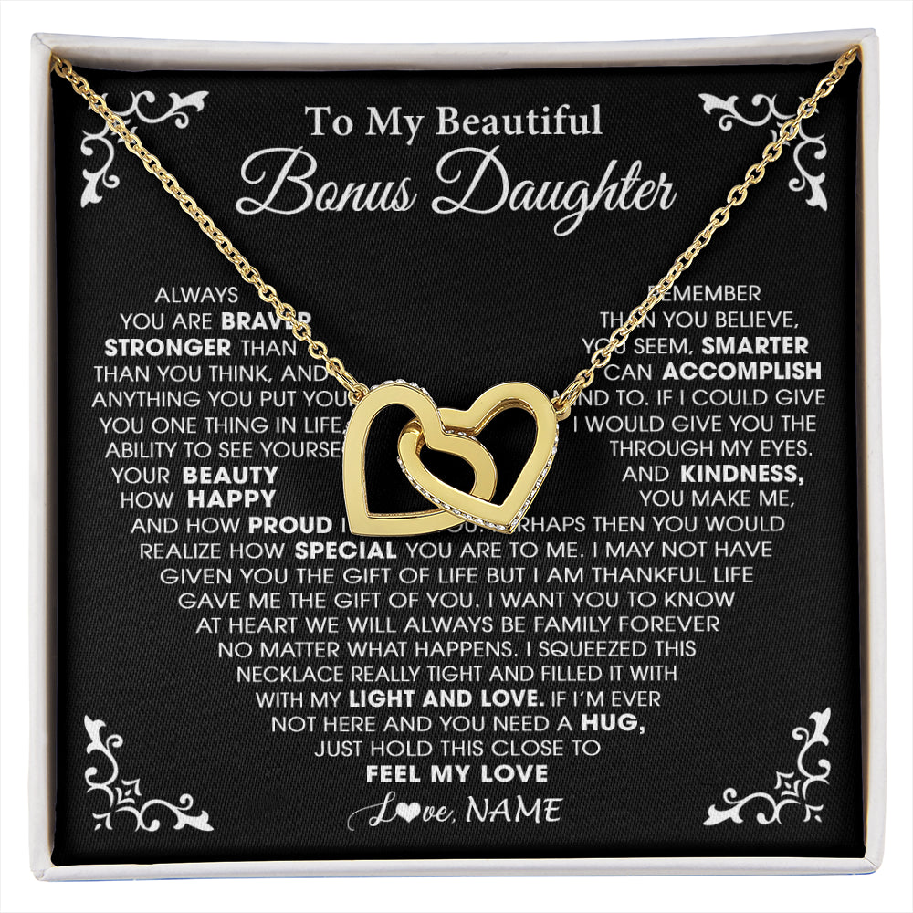 Interlocking Hearts Necklace 18K Yellow Gold Finish | 1 | Personalized To My Beautiful Unbiological Bonus Daughter Necklace From Stepdad Stepmom Heart Stepdaughter Birthday Christmas Customized Gift Box Message Card | siriusteestore