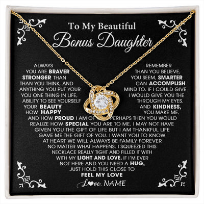 Love Knot Necklace 18K Yellow Gold Finish | 1 | Personalized To My Beautiful Unbiological Bonus Daughter Necklace From Stepdad Stepmom Heart Stepdaughter Birthday Christmas Customized Gift Box Message Card | siriusteestore
