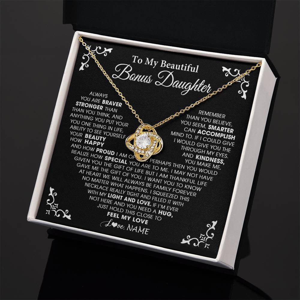 Love Knot Necklace 18K Yellow Gold Finish | 2 | Personalized To My Beautiful Unbiological Bonus Daughter Necklace From Stepdad Stepmom Heart Stepdaughter Birthday Christmas Customized Gift Box Message Card | siriusteestore