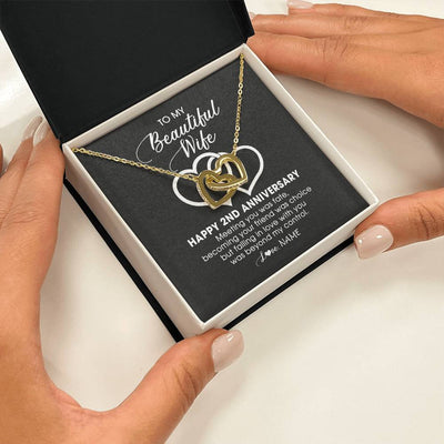 Interlocking Hearts Necklace 18K Yellow Gold Finish | Personalized To My Beautiful Wife Necklace From Husband 2 Years Wedding Anniversary For Her Married 2th Anniversary For Her Customized Gift Box Message | siriusteestore