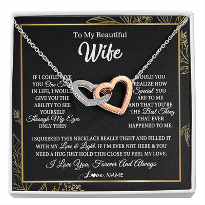 Interlocking Hearts Necklace Stainless Steel & Rose Gold Finish | 1 | Personalized To My Beautiful Wife Necklace From Husband Feel My Love For Her Wife Birthday Anniversary Wedding Valentines Christmas Customized Message Card | https://siriusteestore.