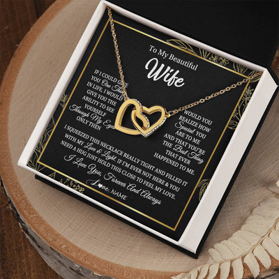 Interlocking Hearts Necklace 18K Yellow Gold Finish | Personalized To My Beautiful Wife Necklace From Husband Feel My Love For Her Wife Birthday Anniversary Wedding Valentines Day Christmas Customized Message Card | siriusteestore