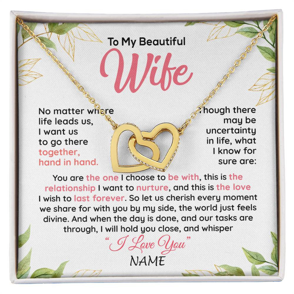 Interlocking Hearts Necklace 18K Yellow Gold Finish | 1 | Personalized To My Beautiful Wife Necklace From Husband Hand In Hand Wife Birthday Anniversary Valentines Day Christmas Customized Gift Box Message Card | siriusteestore