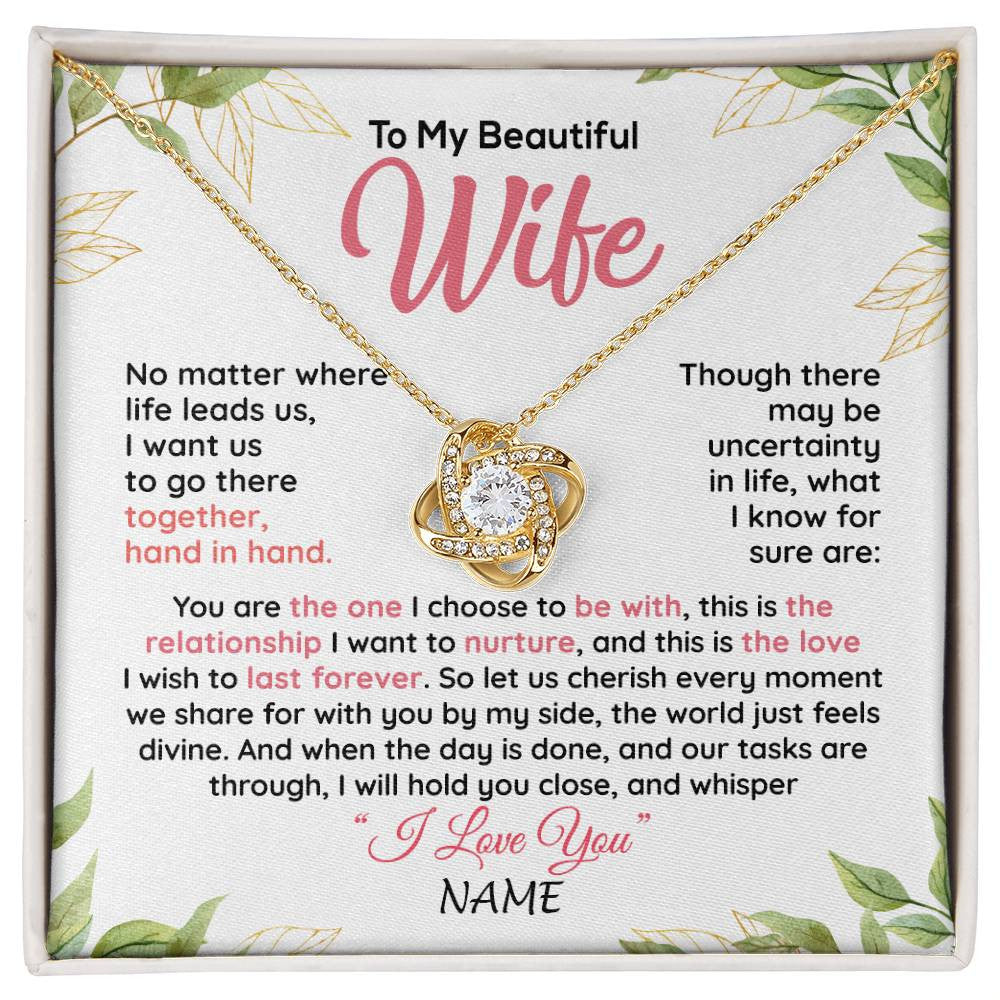 Love Knot Necklace 18K Yellow Gold Finish | 1 | Personalized To My Beautiful Wife Necklace From Husband Hand In Hand Wife Birthday Anniversary Valentines Day Christmas Customized Gift Box Message Card | siriusteestore