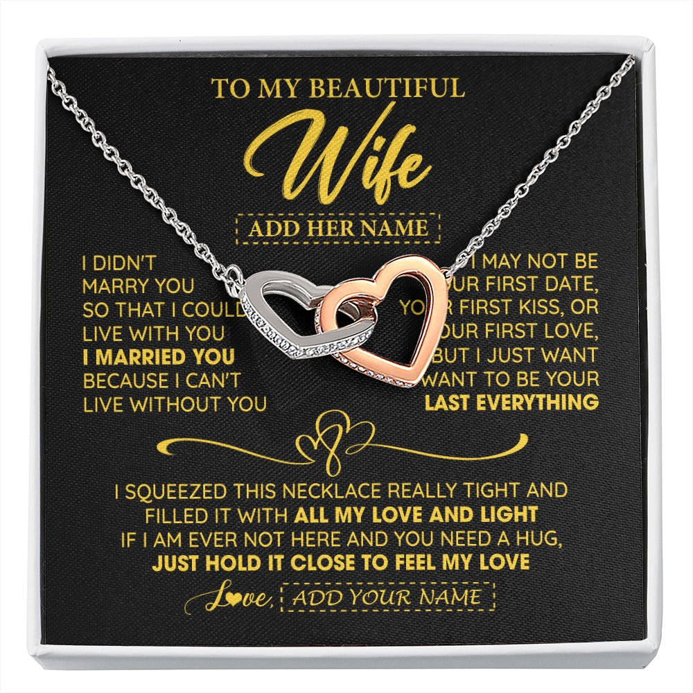 Interlocking Hearts Necklace Stainless Steel & Rose Gold Finish | 1 | Personalized To My Beautiful Wife Necklace From Husband I Can't Live Without You Romantic Valentines Gifts For Wife Birthday Christmas Gift Box Message Card | siriusteestore.myshopify