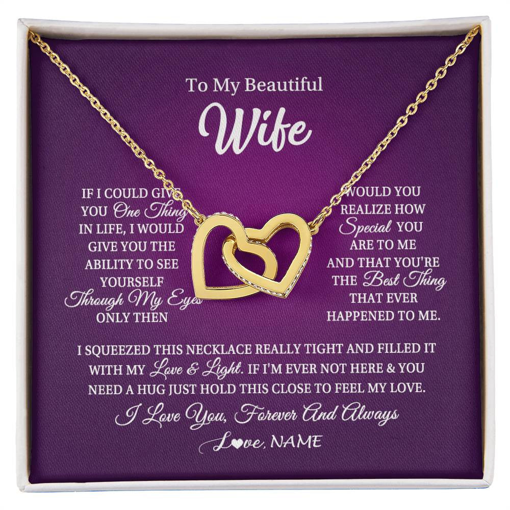 Interlocking Hearts Necklace 18K Yellow Gold Finish | 1 | Personalized To My Beautiful Wife Necklace From Husband I Love You Wife Birthday Anniversary Valentines Day Christmas Jewelry Customized Gift Box Message Card | siriusteestore