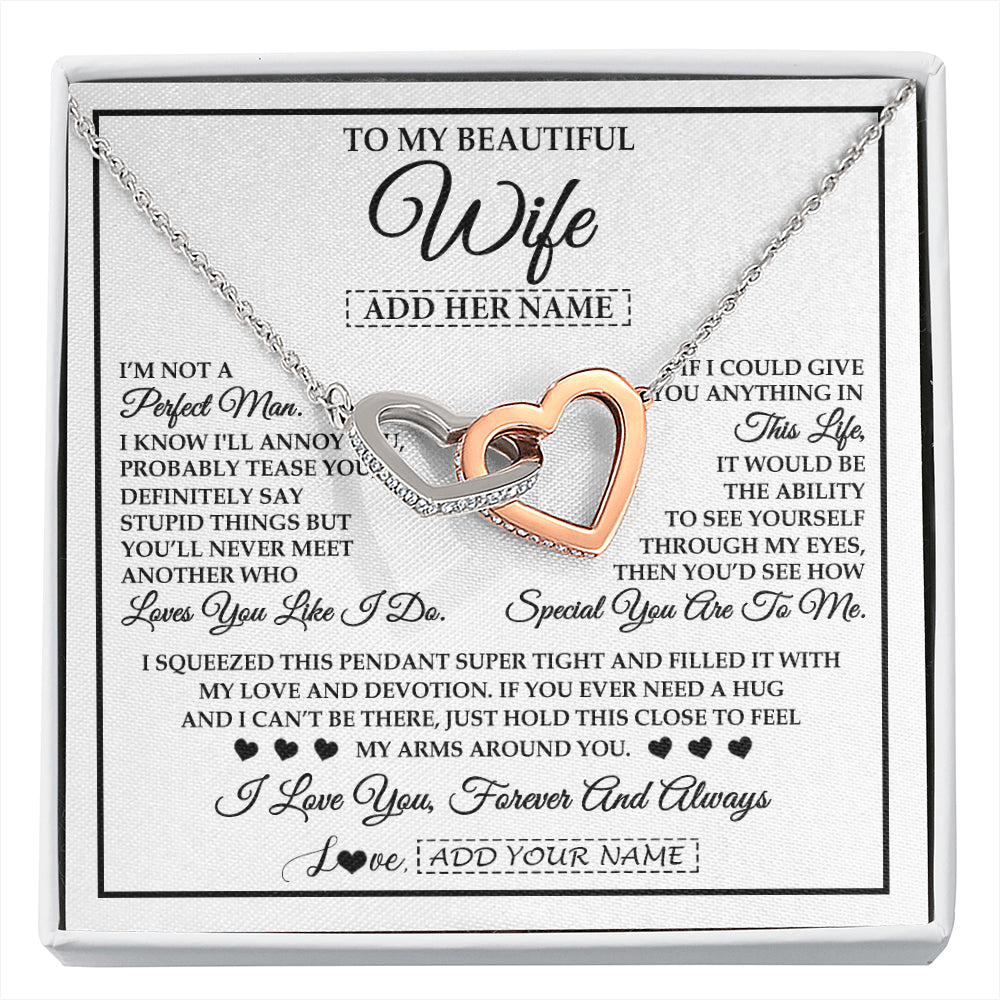 Interlocking Hearts Necklace Stainless Steel & Rose Gold Finish | 1 | Personalized To My Beautiful Wife Necklace From Husband Love You Like I Do Promise Wife Romantic Birthday Anniversary For Her Christmas Gift Box Message Card | siriusteestore