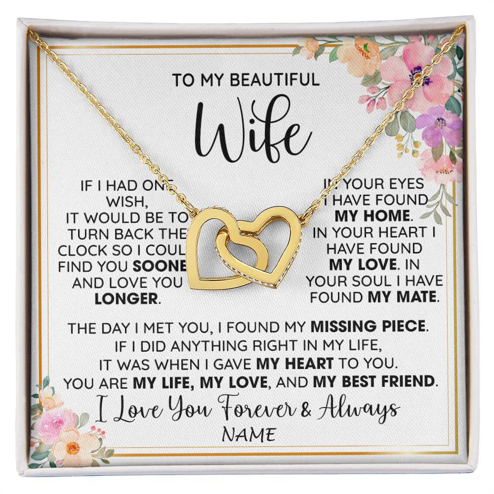 Interlocking Hearts Necklace 18K Yellow Gold Finish | 1 | Personalized To My Beautiful Wife Necklace From Husband My Life My Love Wife Birthday Anniversary Valentines Day Christmas Customized Gift Box Message Card | siriusteestore
