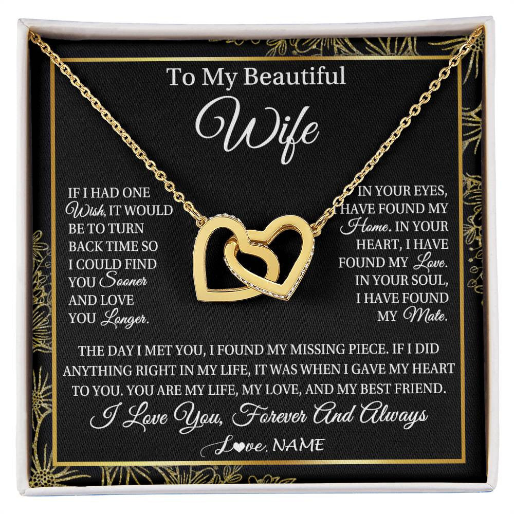 Interlocking Hearts Necklace 18K Yellow Gold Finish | Personalized To My Beautiful Wife Necklace From Husband Romantic Gifts Wife Birthday Anniversary Jewelry Valentines Christmas Customized Gift Box Message Card | siriusteestore