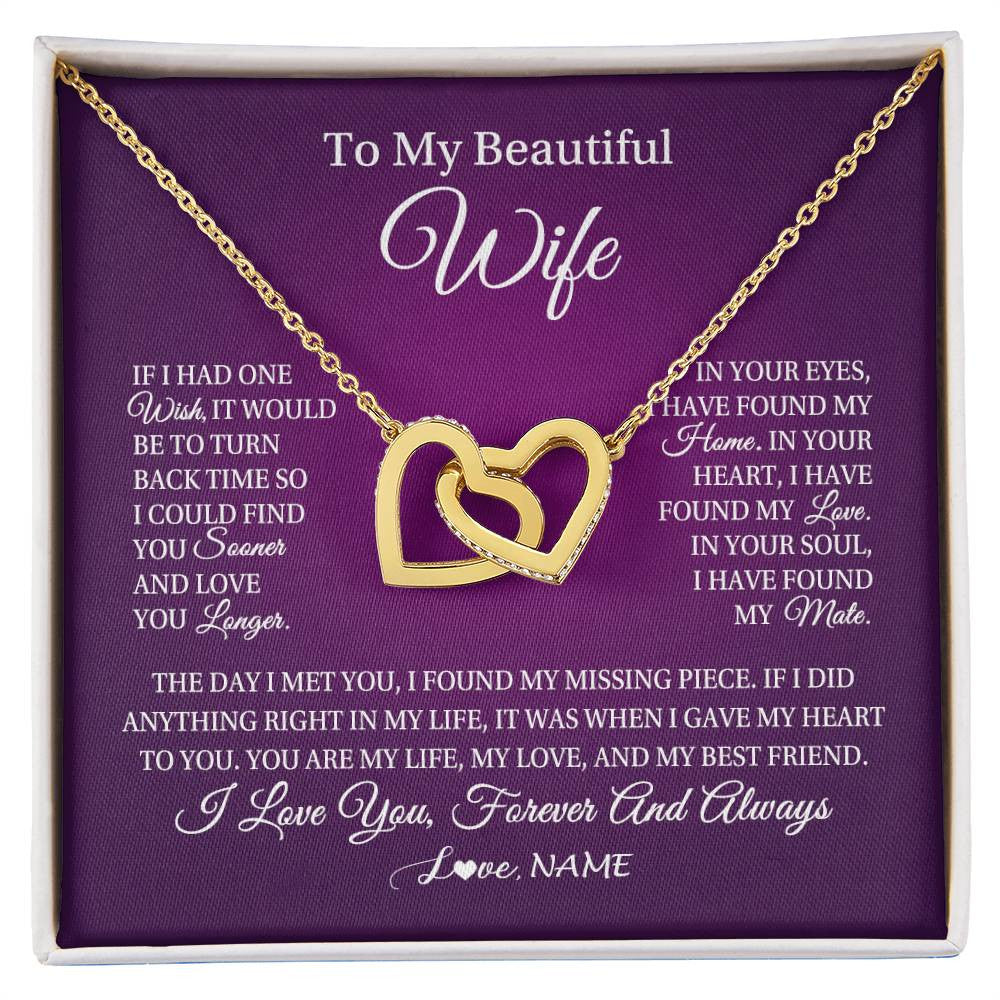 Interlocking Hearts Necklace 18K Yellow Gold Finish | Personalized To My Beautiful Wife Necklace Gift From Husband Romantic Gifts For Wife Birthday Anniversary Valentines Christmas Customized Gift Box Message Card | siriusteestore
