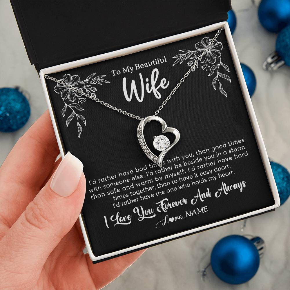 Forever Love Necklace 14K White Gold Finish | 2 | Personalized To My Beautiful Wife Necklace Gifts From Husband I'd Rather Hot Wife Birthday Anniversary Wedding Valentines Day Customized Gift Box Message Card | siriusteestore