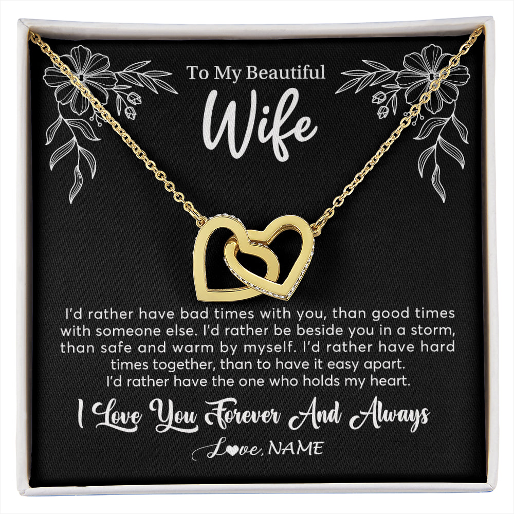 Interlocking Hearts Necklace 18K Yellow Gold Finish | 1 | Personalized To My Beautiful Wife Necklace Gifts From Husband I'd Rather Hot Wife Birthday Anniversary Wedding Valentines Day Customized Gift Box Message Card | siriusteestore