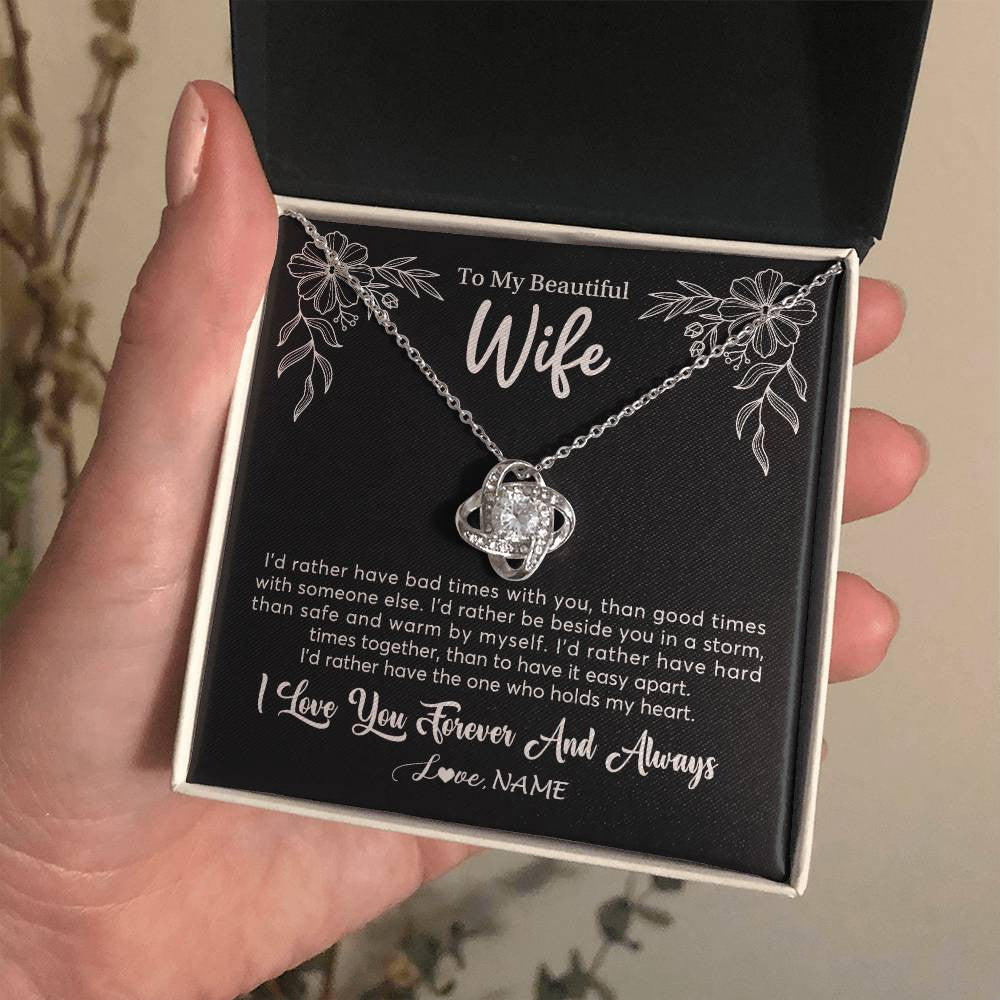 Love Knot Necklace 14K White Gold Finish | 2 | Personalized To My Beautiful Wife Necklace Gifts From Husband I'd Rather Hot Wife Birthday Anniversary Wedding Valentines Day Customized Gift Box Message Card | siriusteestore