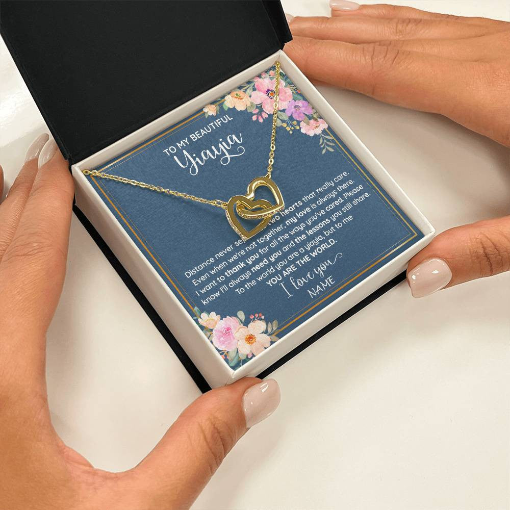 Interlocking Hearts Necklace 18K Yellow Gold Finish | 2 | Personalized To My Beautiful Yiayia Necklace From Grandkids Granddaughter You Are The World Yiayia Birthday Mothers Day Customized Gift Box Message Card | siriusteestore