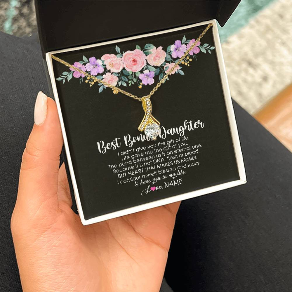 Alluring Beauty Necklace 18K Yellow Gold Finish | Personalized To My Best Bonus Daughter Necklace From Bonus Mom Life Gave Me The Gift Of You Step Daughter Jewelry Birthday Christmas Customized Message Card | siriusteestore