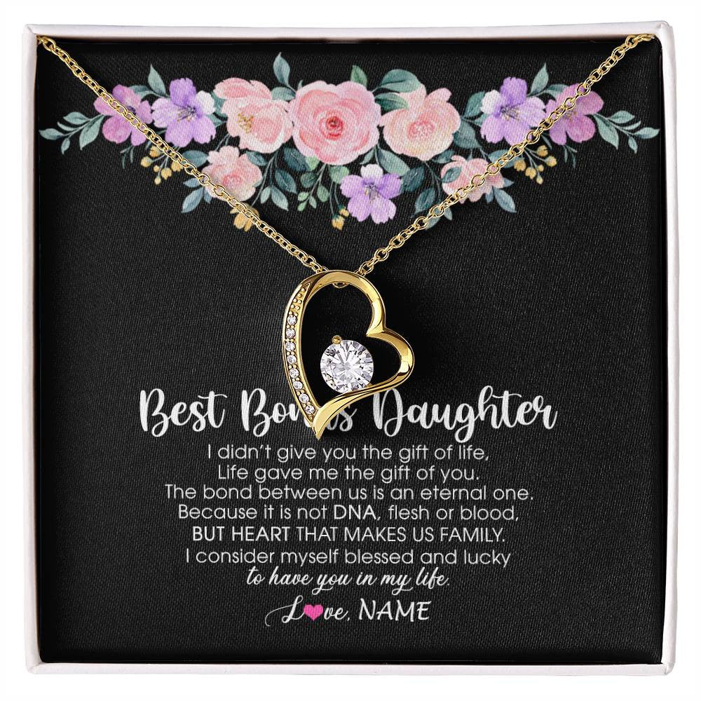 Forever Love Necklace 18K Yellow Gold Finish | Personalized To My Best Bonus Daughter Necklace From Bonus Mom Life Gave Me The Gift Of You Step Daughter Jewelry Birthday Christmas Customized Message Card | siriusteestore