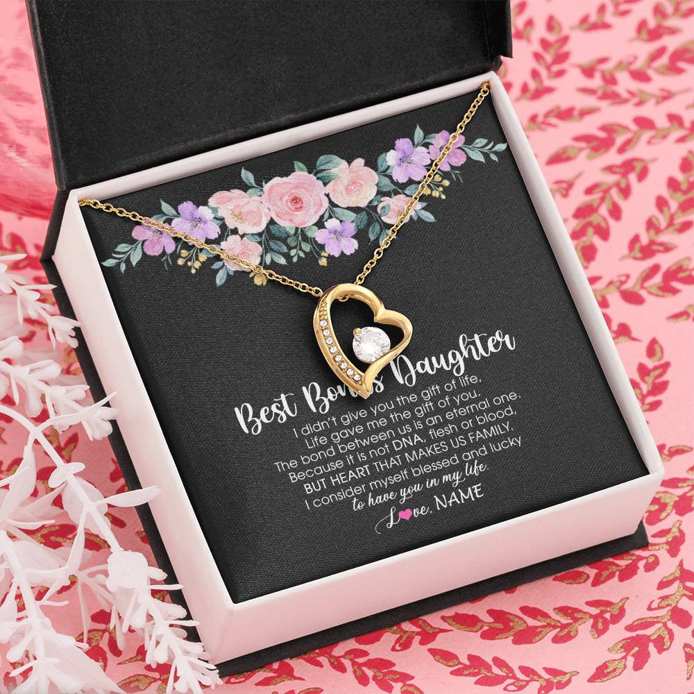 Forever Love Necklace 18K Yellow Gold Finish | Personalized To My Best Bonus Daughter Necklace From Bonus Mom Life Gave Me The Gift Of You Step Daughter Jewelry Birthday Christmas Customized Message Card | siriusteestore