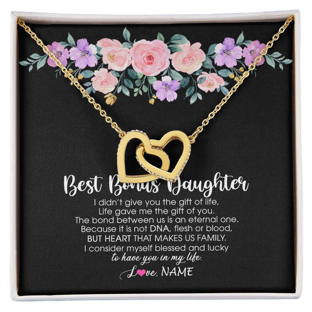Interlocking Hearts Necklace 18K Yellow Gold Finish | Personalized To My Best Bonus Daughter Necklace From Bonus Mom Life Gave Me The Gift Of You Step Daughter Jewelry Birthday Christmas Customized Message Card | siriusteestore