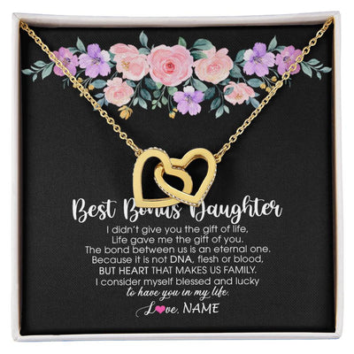 Interlocking Hearts Necklace 18K Yellow Gold Finish | Personalized To My Best Bonus Daughter Necklace From Bonus Mom Life Gave Me The Gift Of You Step Daughter Jewelry Birthday Christmas Customized Message Card | siriusteestore