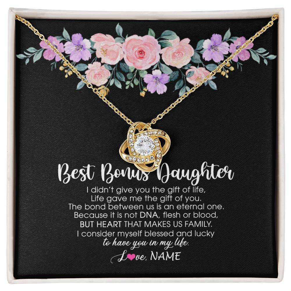 Love Knot Necklace 18K Yellow Gold Finish | Personalized To My Best Bonus Daughter Necklace From Bonus Mom Life Gave Me The Gift Of You Step Daughter Jewelry Birthday Christmas Customized Message Card | siriusteestore