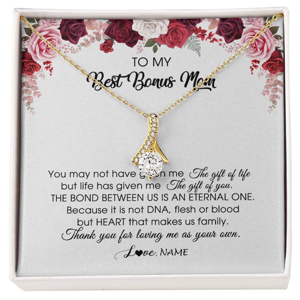 Alluring Beauty Necklace 18K Yellow Gold Finish | Personalized To My Best Bonus Mom Necklace from Daughter Thank You For Loving Me Stepmom Jewelry Birthday Mothers Day Christmas Customized Message Card | siriusteestore