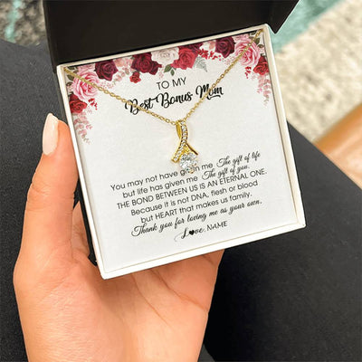 Alluring Beauty Necklace 18K Yellow Gold Finish | Personalized To My Best Bonus Mom Necklace from Daughter Thank You For Loving Me Stepmom Jewelry Birthday Mothers Day Christmas Customized Message Card | siriusteestore