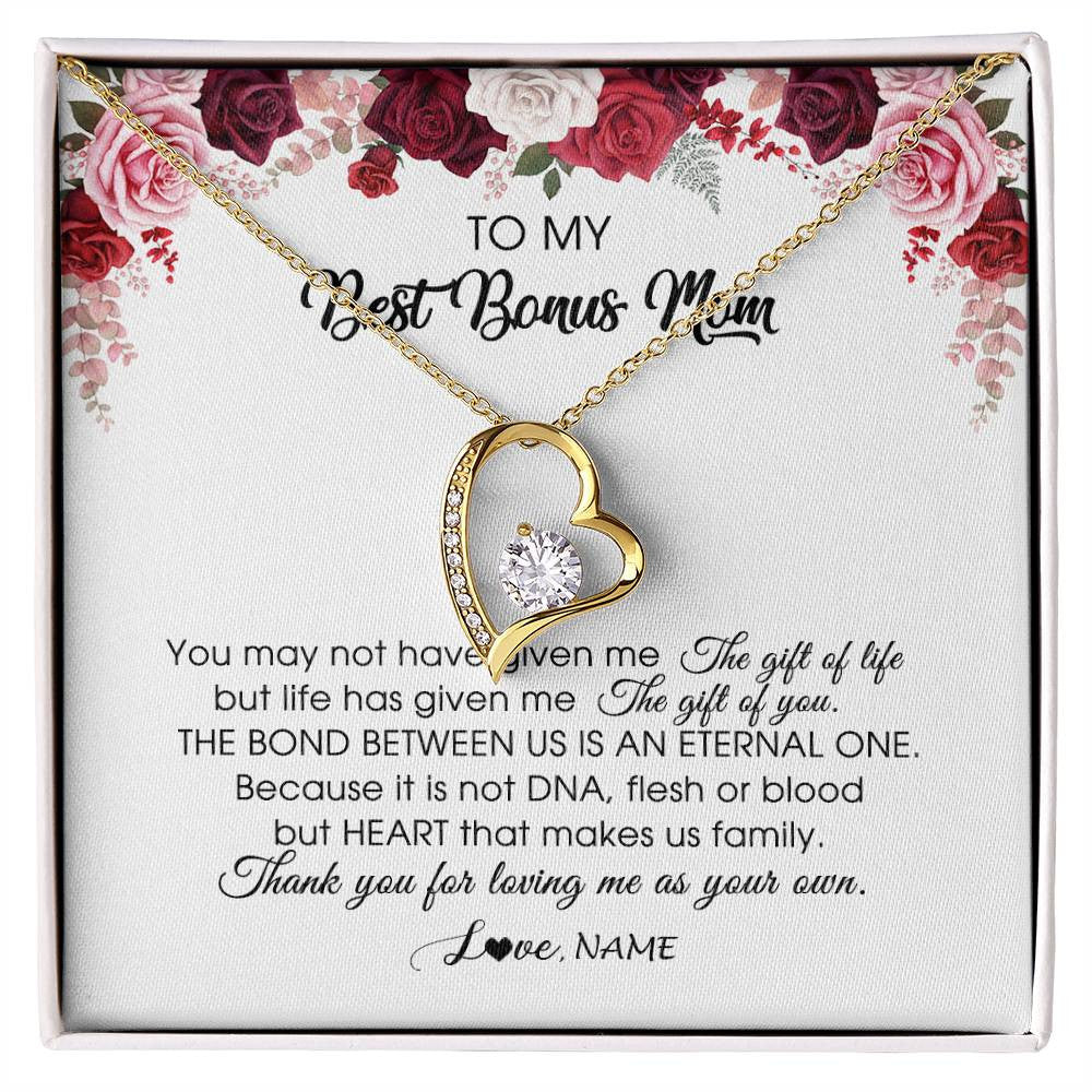 Forever Love Necklace 18K Yellow Gold Finish | Personalized To My Best Bonus Mom Necklace from Daughter Thank You For Loving Me Stepmom Jewelry Birthday Mothers Day Christmas Customized Message Card | siriusteestore