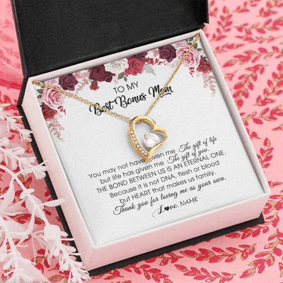 Forever Love Necklace 18K Yellow Gold Finish | Personalized To My Best Bonus Mom Necklace from Daughter Thank You For Loving Me Stepmom Jewelry Birthday Mothers Day Christmas Customized Message Card | siriusteestore
