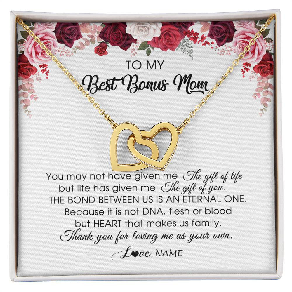 Interlocking Hearts Necklace 18K Yellow Gold Finish | Personalized To My Best Bonus Mom Necklace from Daughter Thank You For Loving Me Stepmom Jewelry Birthday Mothers Day Christmas Customized Message Card | siriusteestore