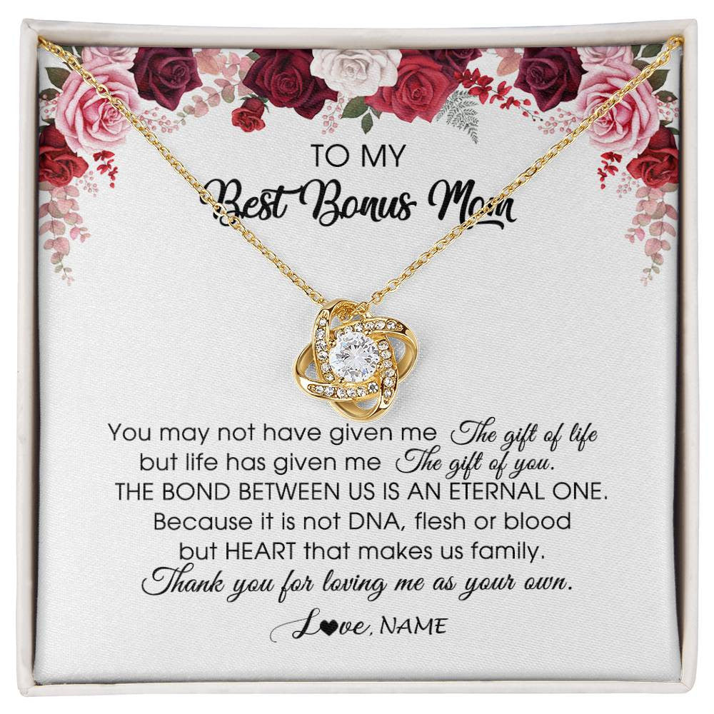 Love Knot Necklace 18K Yellow Gold Finish | Personalized To My Best Bonus Mom Necklace from Daughter Thank You For Loving Me Stepmom Jewelry Birthday Mothers Day Christmas Customized Message Card | siriusteestore