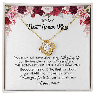 Love Knot Necklace 18K Yellow Gold Finish | Personalized To My Best Bonus Mom Necklace from Daughter Thank You For Loving Me Stepmom Jewelry Birthday Mothers Day Christmas Customized Message Card | siriusteestore