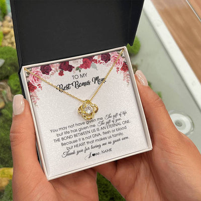 Love Knot Necklace 18K Yellow Gold Finish | Personalized To My Best Bonus Mom Necklace from Daughter Thank You For Loving Me Stepmom Jewelry Birthday Mothers Day Christmas Customized Message Card | siriusteestore