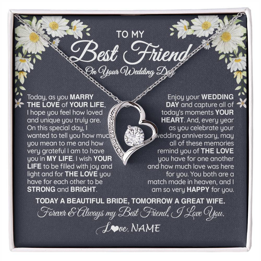 Forever Love Necklace 14K White Gold Finish | 1 | Personalized To My Best Friend On Her Wedding Day Necklace Bride Gifts From Maid Of Honor Always My Best Friend Gifts Jewelry Customized Gift Box Message Card | siriusteestore
